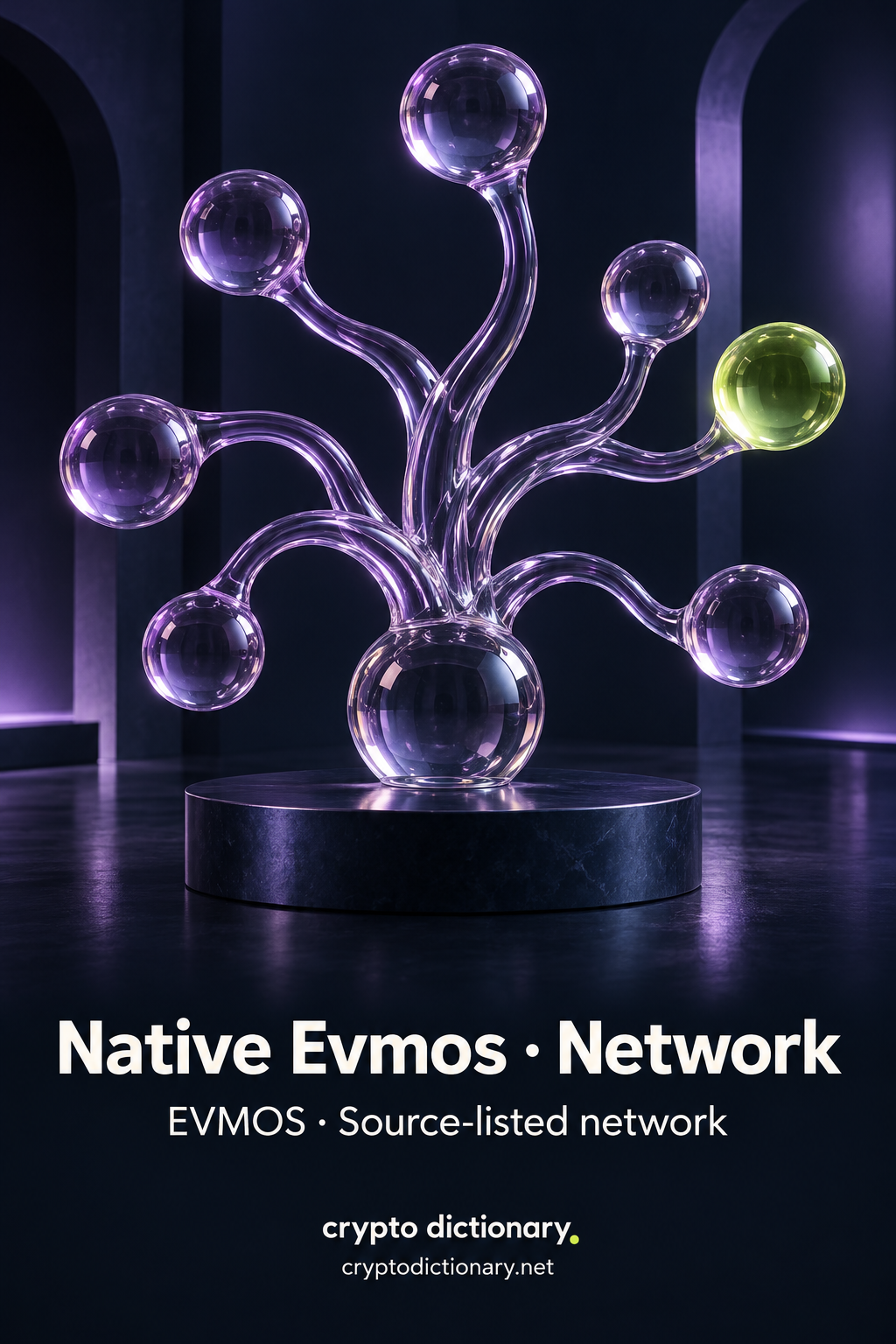An organic lilac glass branch sculpture connects smooth glass spheres to a lower central hub, with one lime sphere.