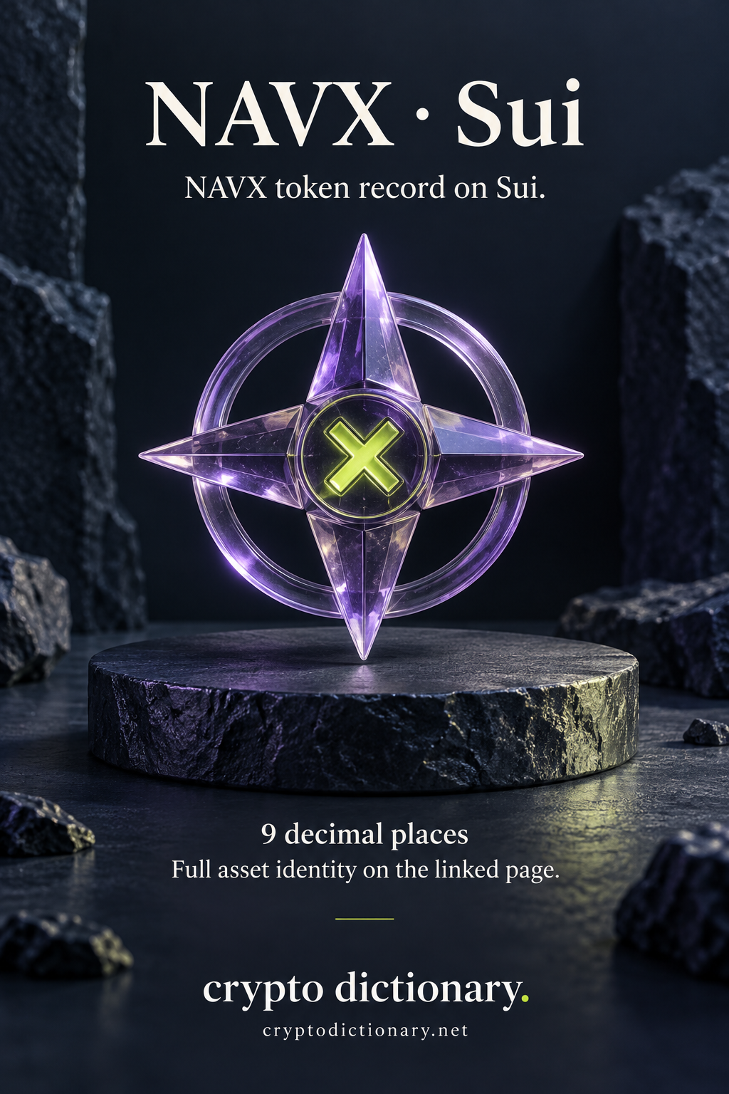 A lilac glass compass sculpture with lime X illustrating the NAVX token record on Sui with nine decimal places.