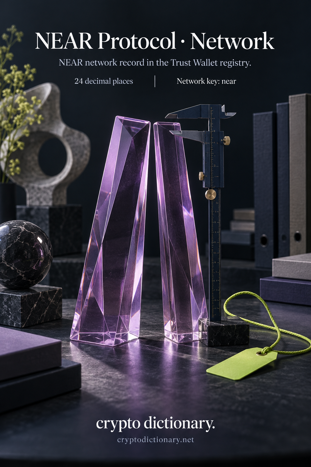 Two close lilac glass prisms and an archive caliper illustrate the NEAR Protocol registry network record, NEAR symbol, near key and24 decimal places.