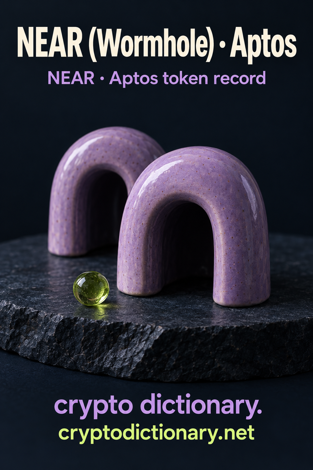 Two nearby lilac ceramic tunnel arches beside a lime bead on navy stone, beneath NEAR (Wormhole) · Aptos.