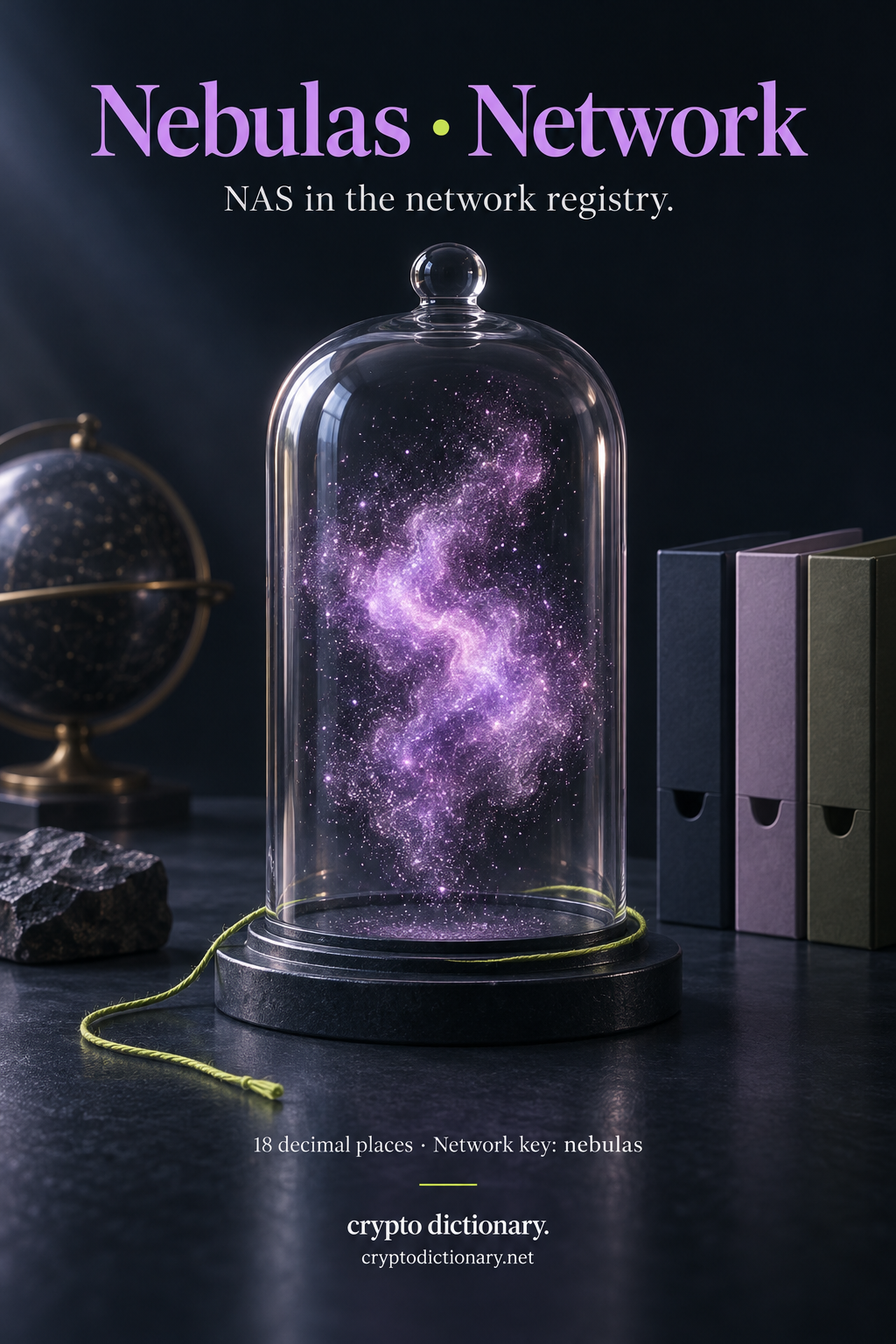 A lilac nebula specimen in a clear archival bell jar illustrates the NAS network registry entry for Nebulas.