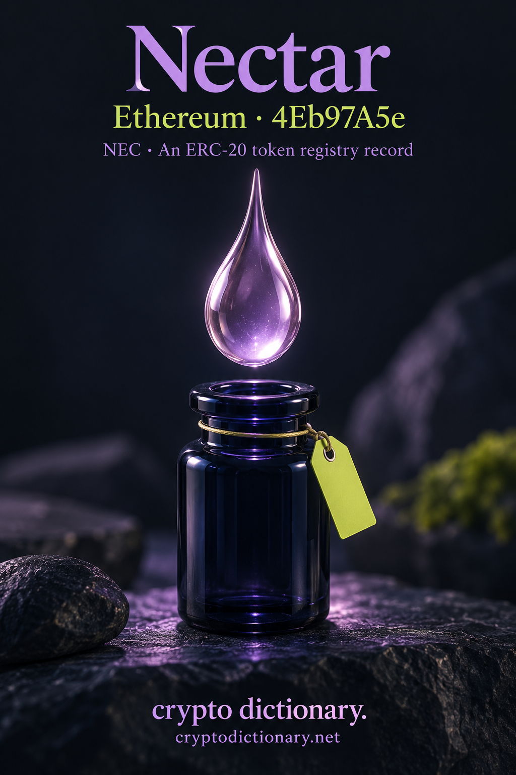 A lilac glass droplet above a navy vial illustrates the Nectar ERC-20 registry record on Ethereum with identity suffix 4Eb97A5e.