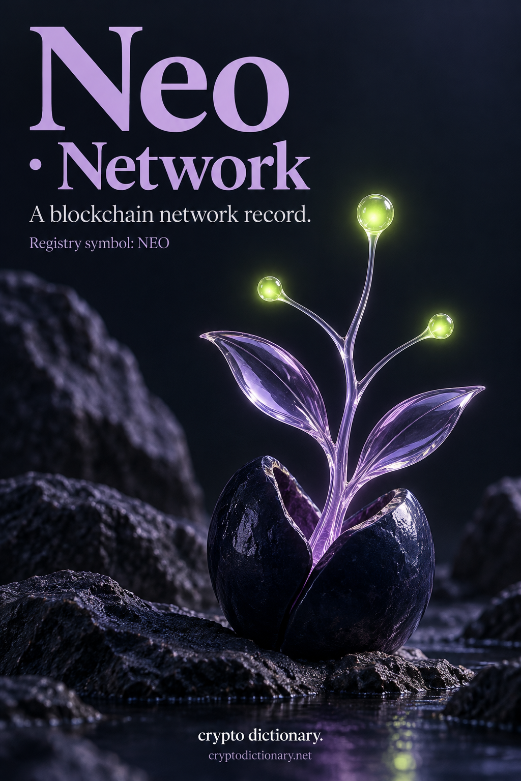 Lilac glass seedling with connected lime lights emerging from a navy capsule, illustrating the Neo NEO network record.