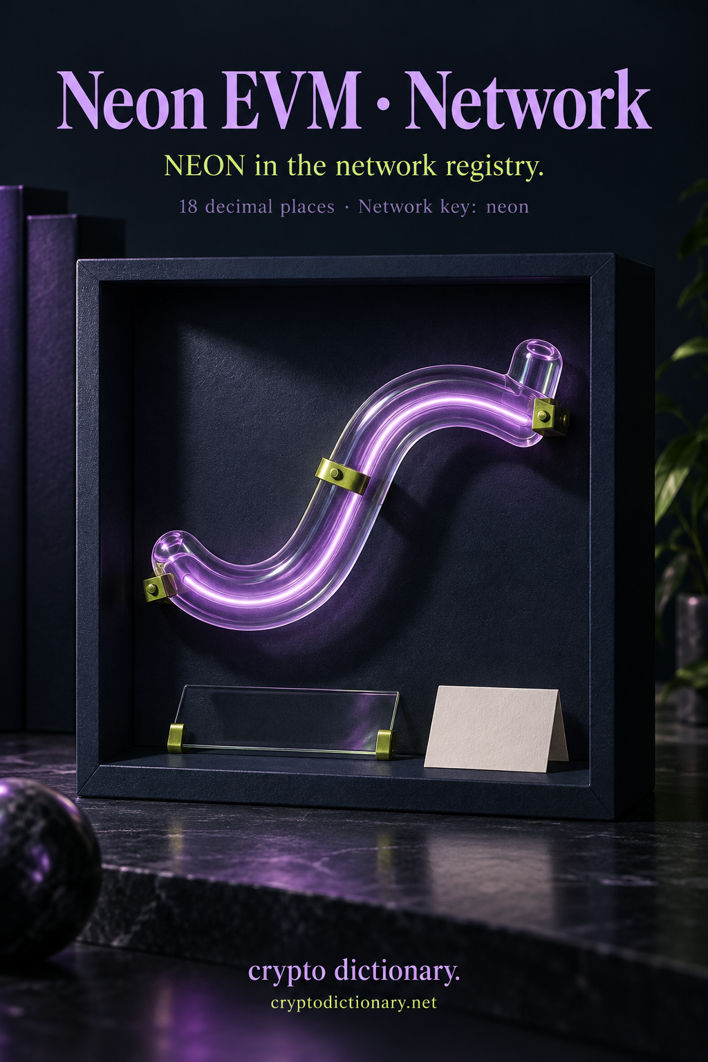 A lilac luminous glass tube in an archival shadowbox illustrates the NEON network registry record.