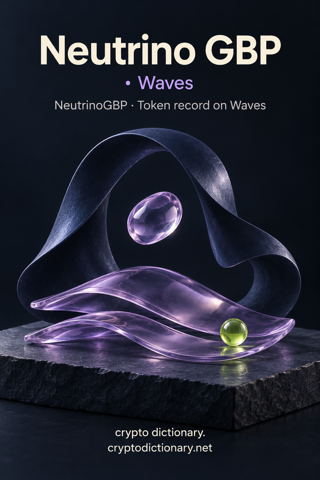 Neutrino GBP on Waves token-registry illustration with a floating glass pebble and lilac wave sheets.