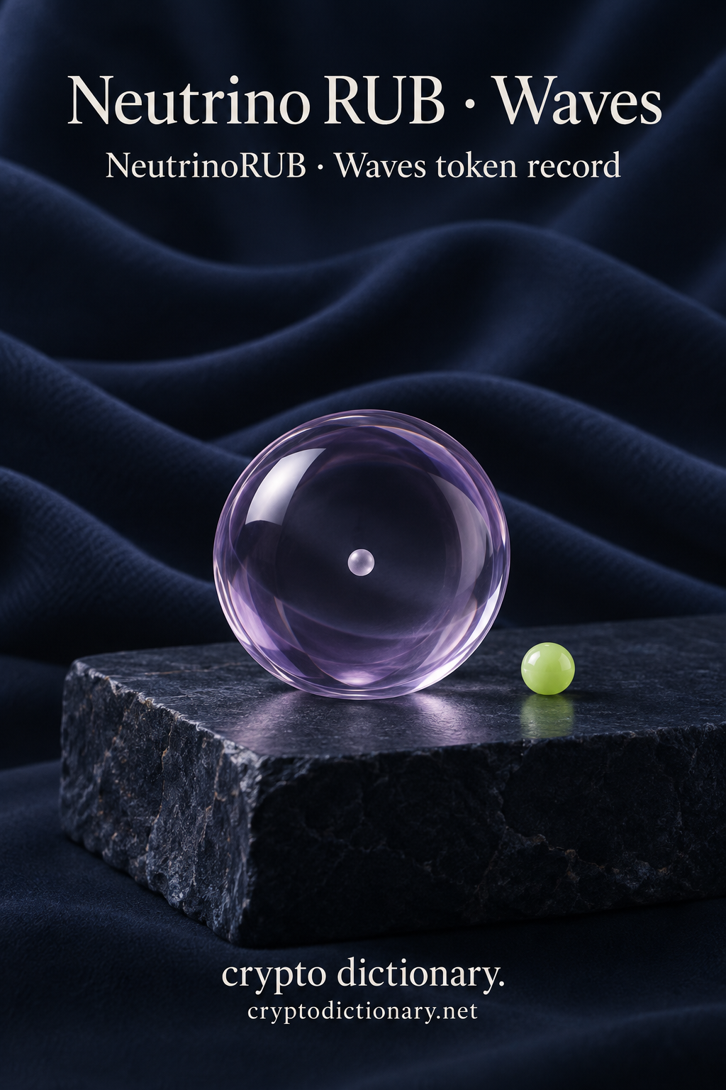 Lilac magnifying glass lens with a tiny centered pale dot on navy stone, wave-folded fabric and lime bead beneath Neutrino RUB · Waves heading.