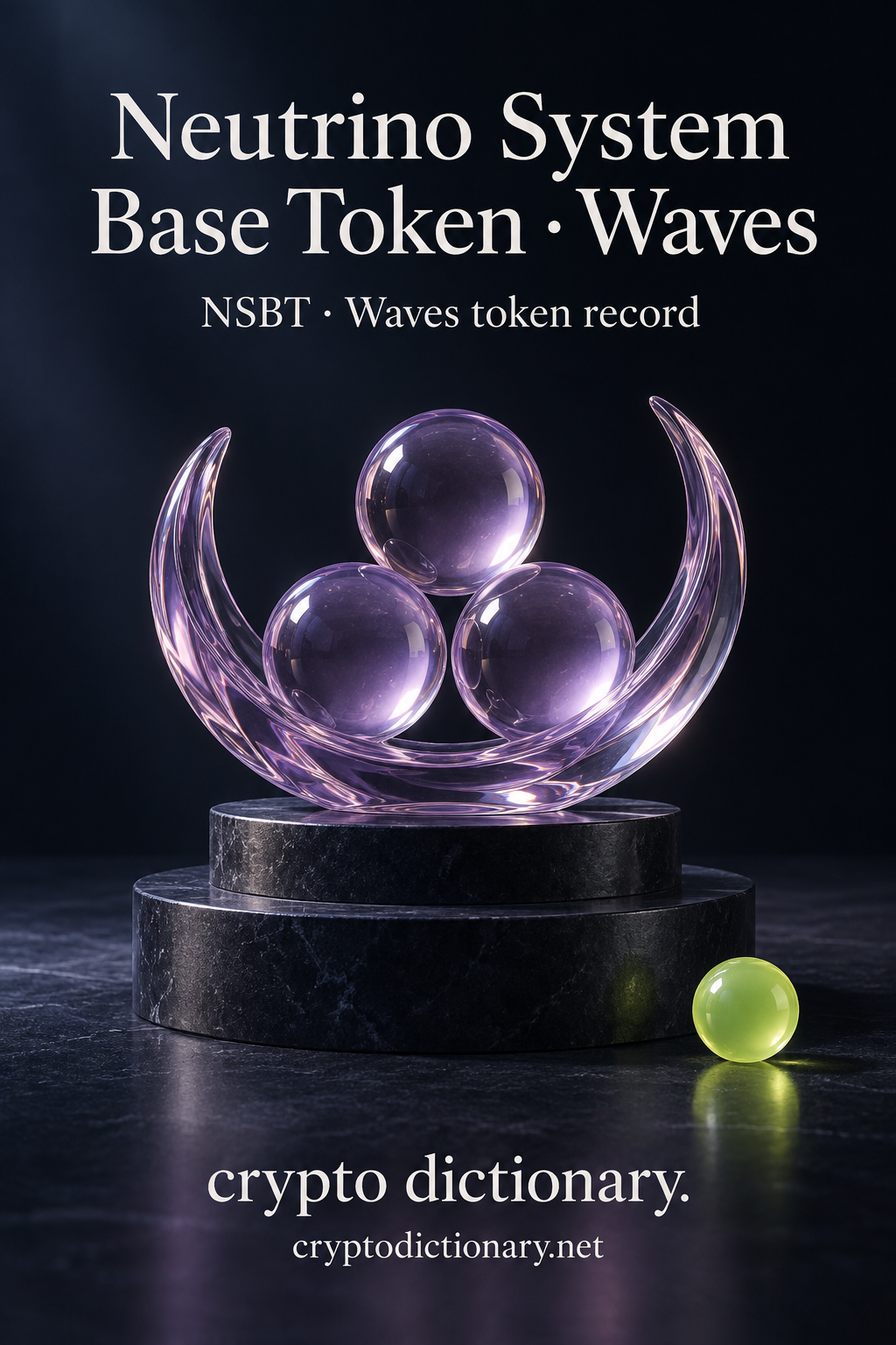 Three lilac glass spheres in a curved glass cradle on broad stepped navy stone base with lime bead beneath Neutrino System Base Token · Waves heading.