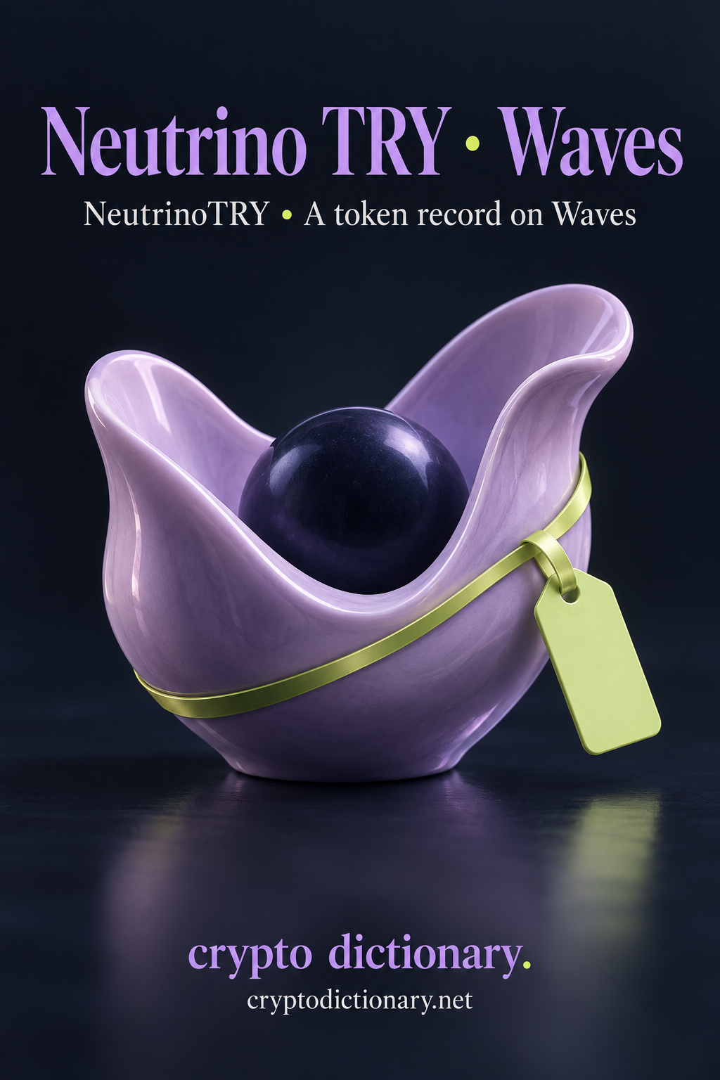 A lilac curved porcelain vessel holds a plain navy bead beside a blank lime identity tab.