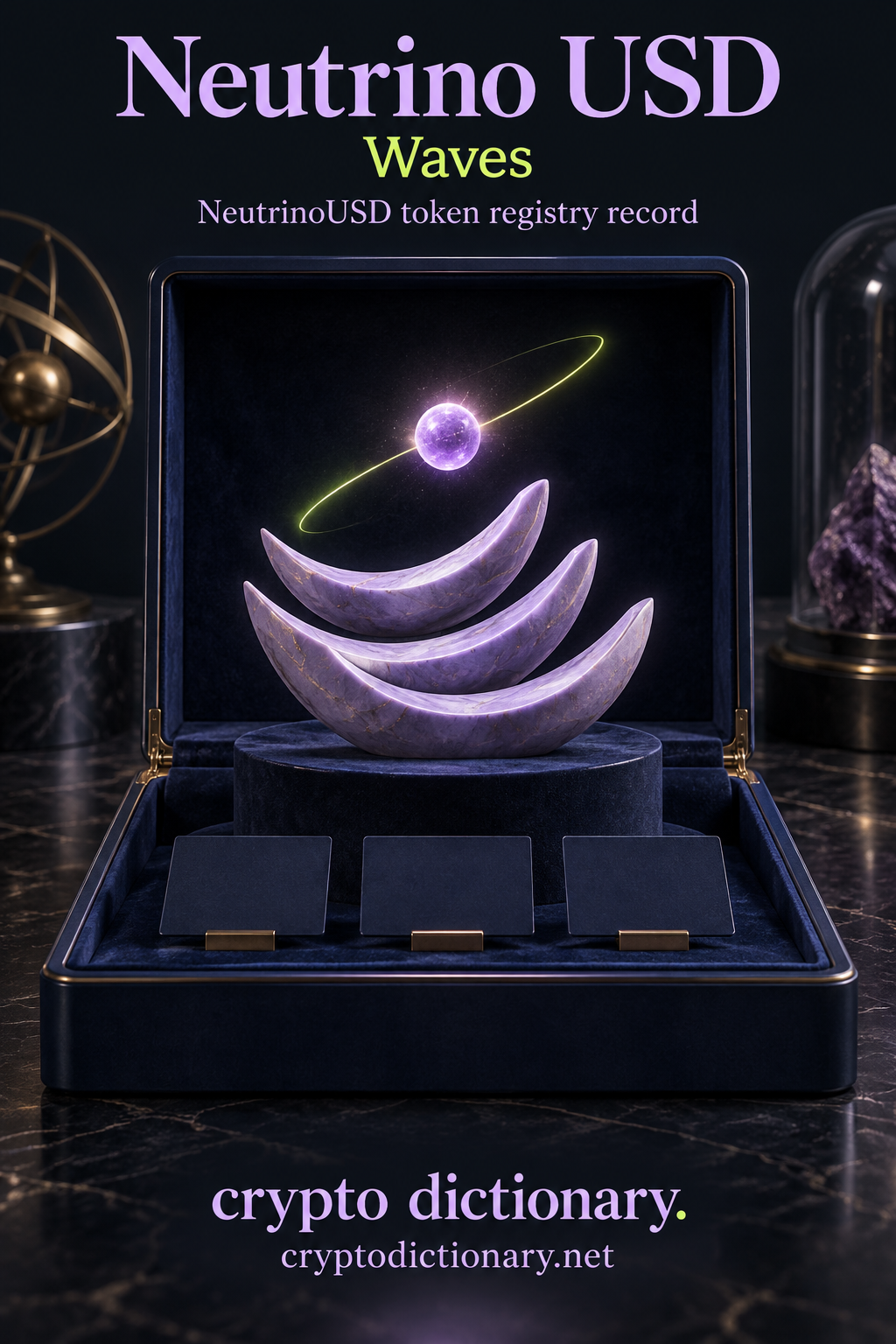 Neutrino USD on Waves: a lilac particle above ceramic wave crescents in a plain specimen case.