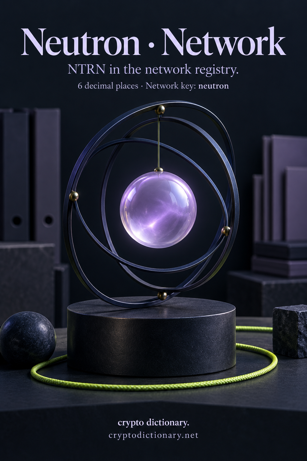 A lilac specimen pearl suspended in archival hoops illustrates the NTRN network registry entry for Neutron.