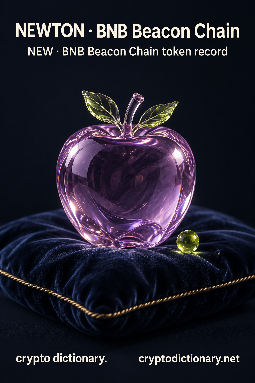 NEWTON · BNB Beacon Chain — original lilac glass name-inspired sculpture with accurate token record caption.
