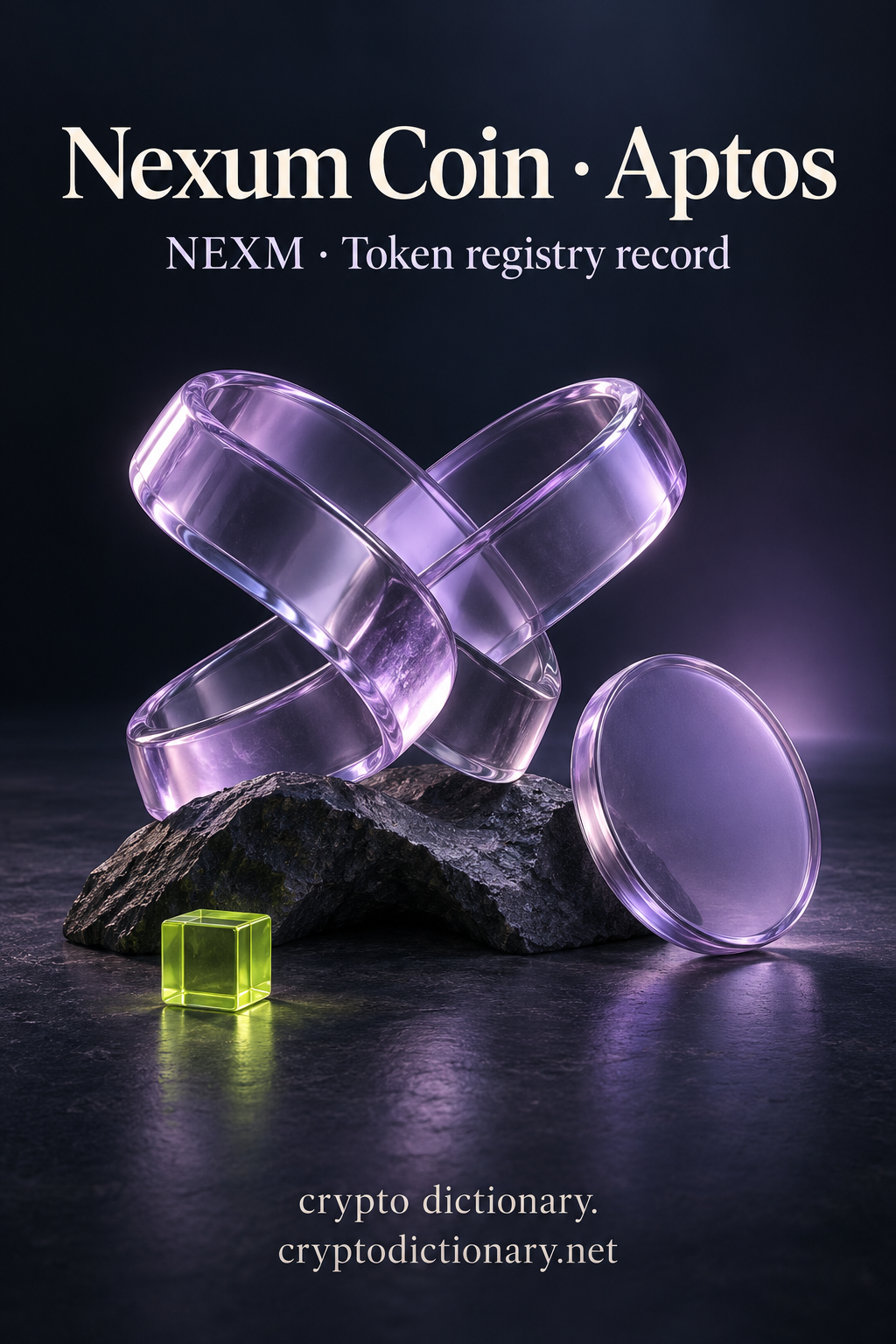 Nexum Coin on Aptos illustrated by an original open crossing of lilac glass ribbons beside a blank disc on dark stone, with neutral NEXM registry caption.
