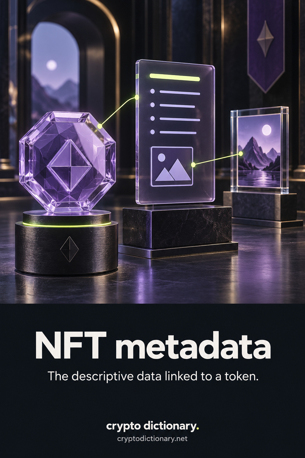 NFT metadata: a distinct token connects to a separate descriptive card whose image-reference icon links onward to an independent media frame.