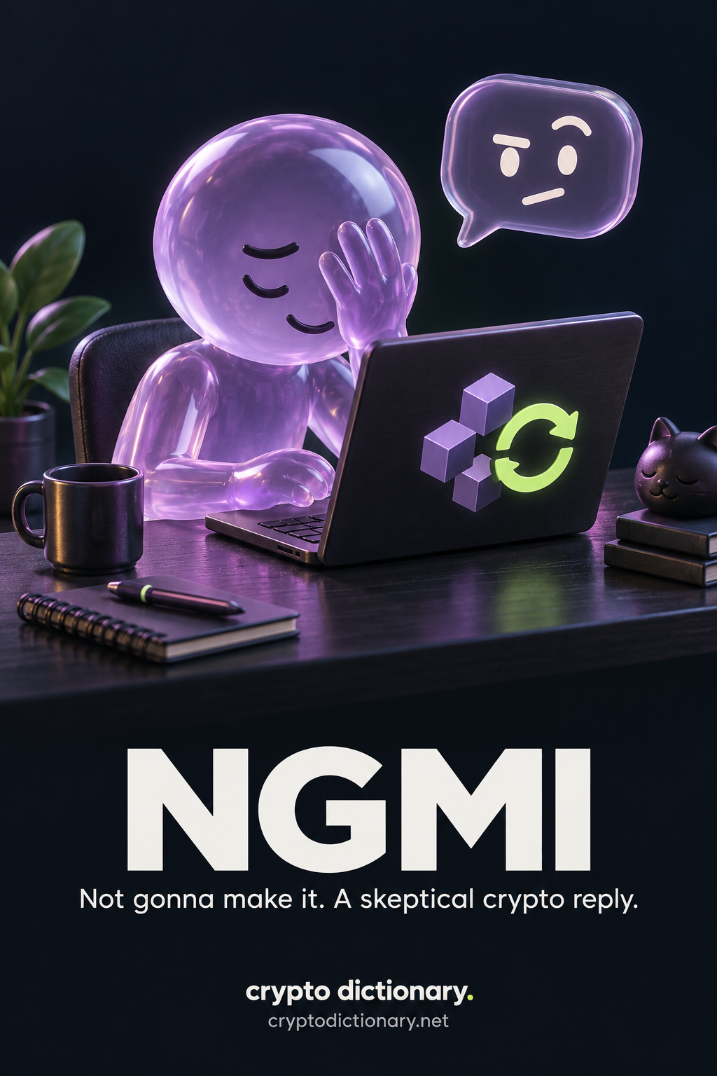 NGMI: an anonymous glass avatar gives a self-deprecating facepalm at a block-explorer refresh laptop, with a skeptical chat bubble.