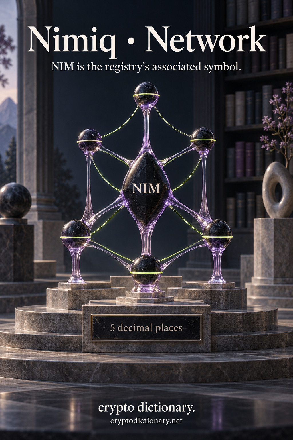 A NIM registry identity lozenge sits at the center of a branching lilac network sculpture with a five-decimal precision plaque.