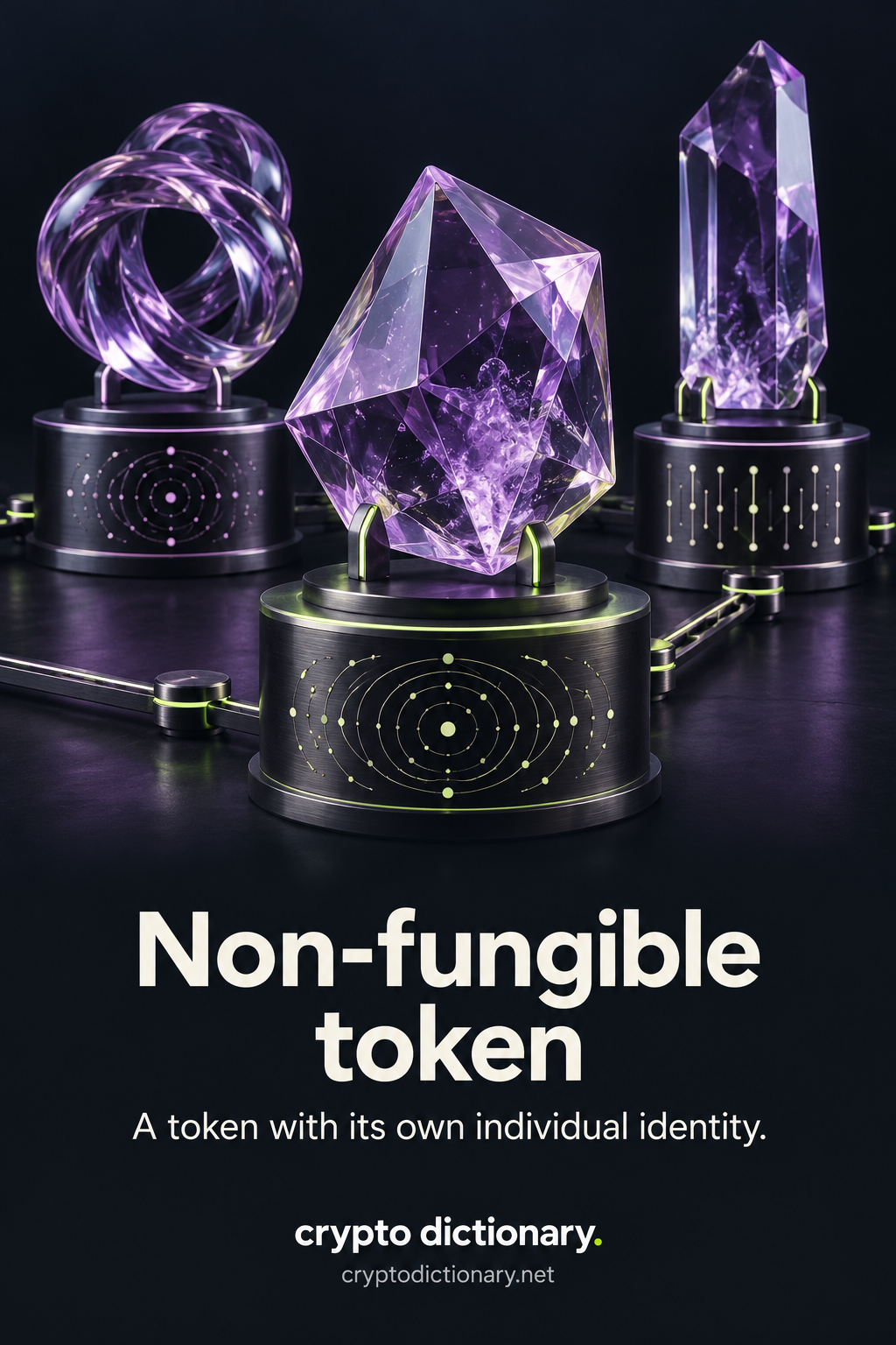 Non-fungible token: three different glass token sculptures have individual patterned registry pedestals connected by a chain rail.