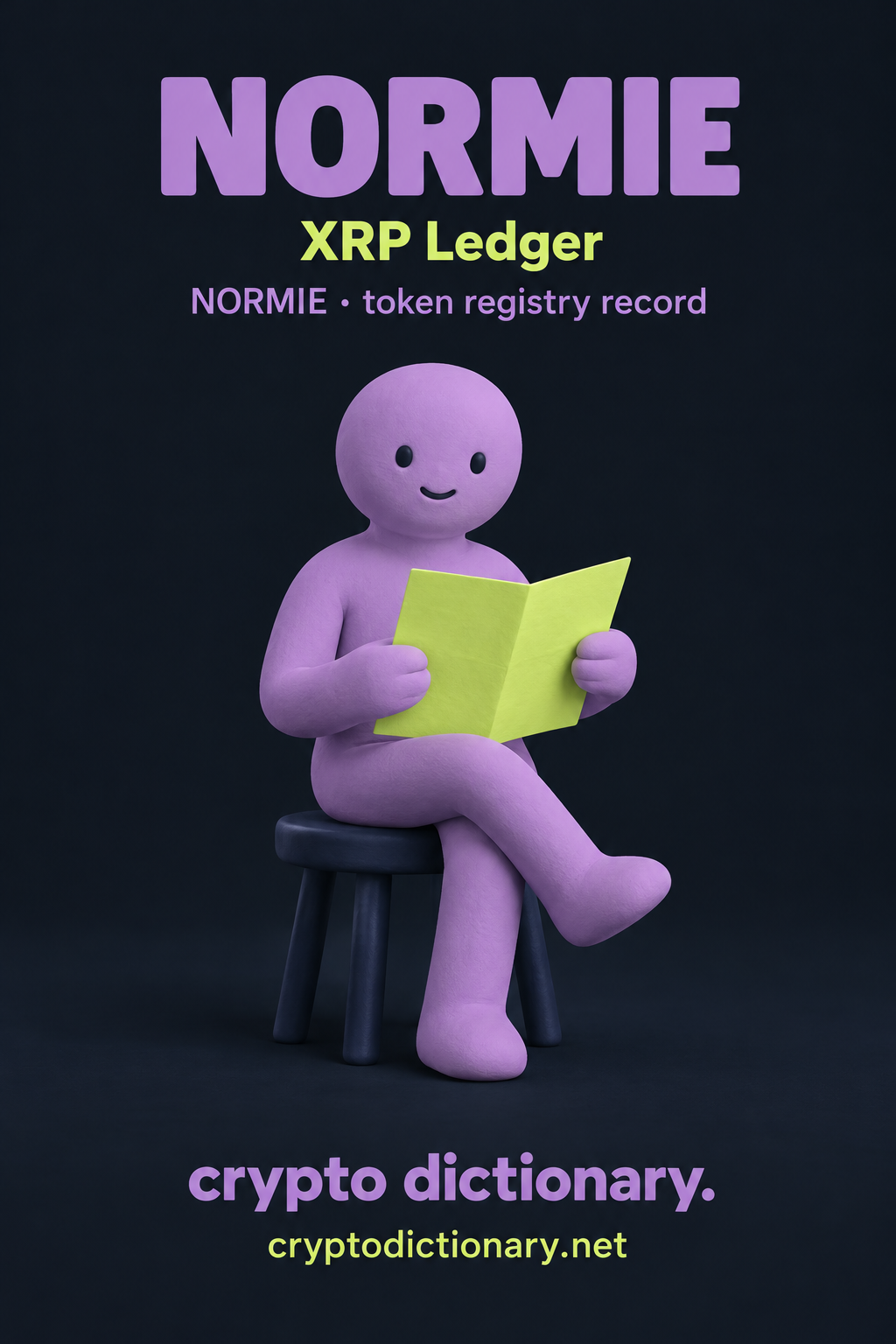 NORMIE on XRP Ledger: a relaxed lilac clay figure holding blank lime paper on a navy stool, illustrating the NORMIE registry record.