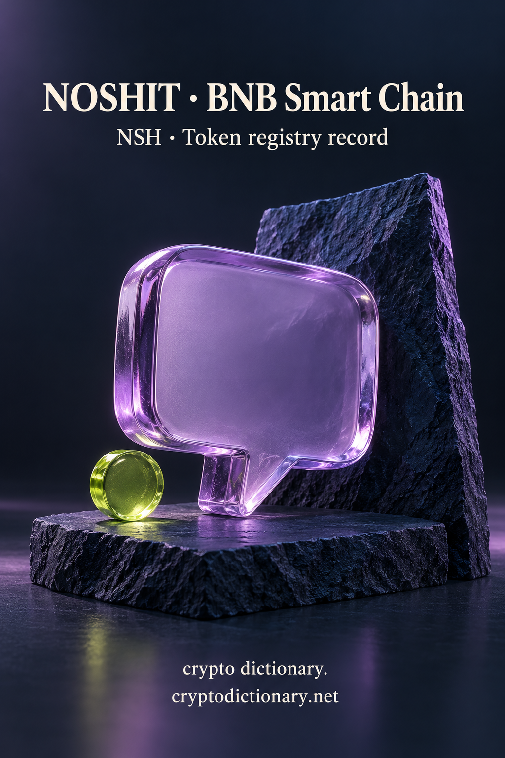 NOSHIT on BNB Smart Chain illustrated by an original blank lilac glass speech-bubble sculpture against dark stone beside a lime pebble, with neutral NSH registry caption.