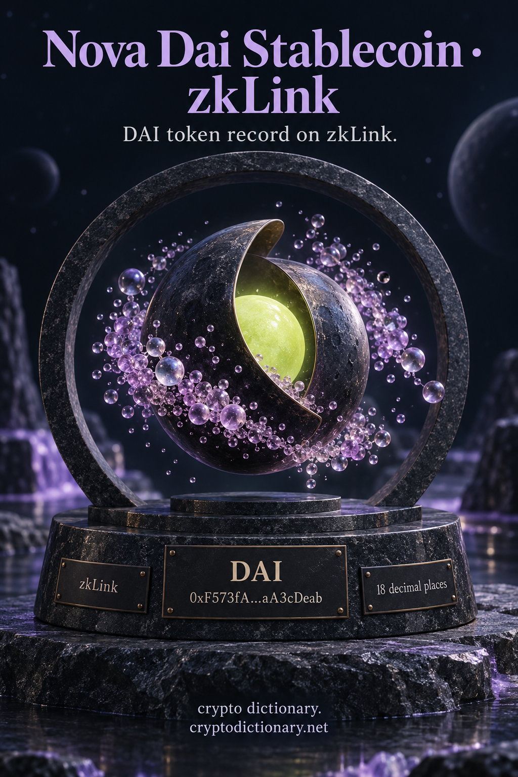 An opened dark celestial sphere with a lime core and lilac glass droplets inside a circular stone frame, above DAI, zkLink, 18 decimal places and abbreviated public contract labels.