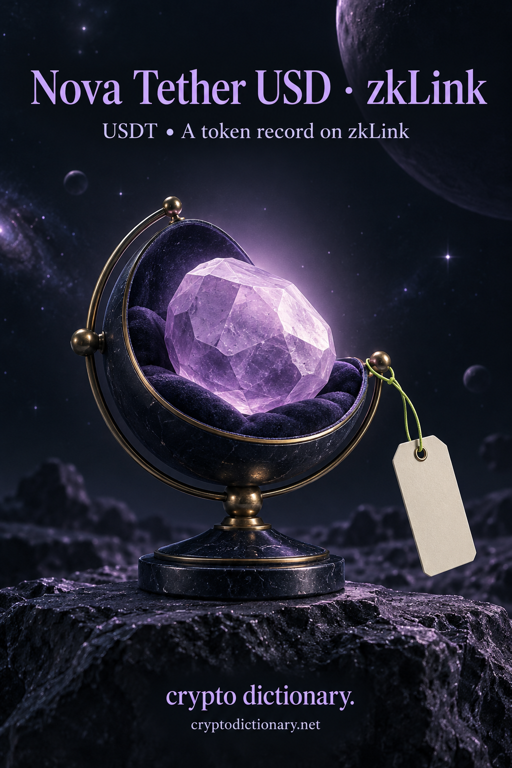 A lilac pebble sits in a navy cosmic specimen cradle with a blank identity tag.