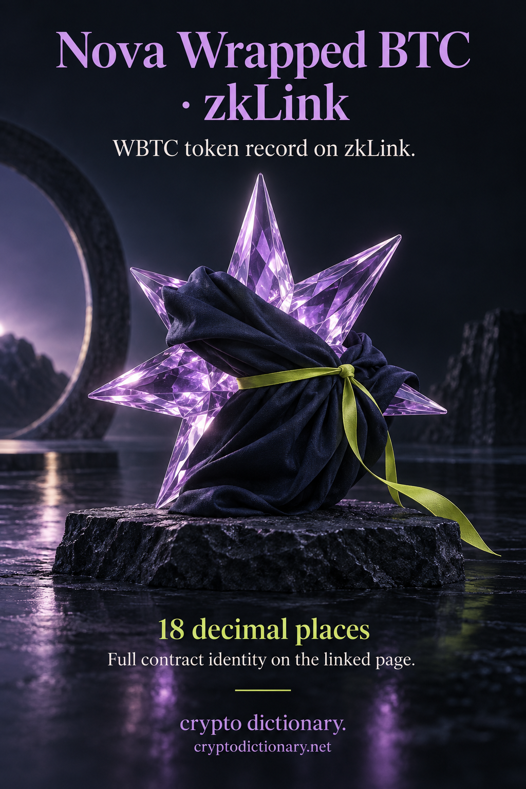 A glass starburst wrapped in navy fabric illustrates the Nova Wrapped BTC token record on zkLink, WBTC with 18 decimal places.