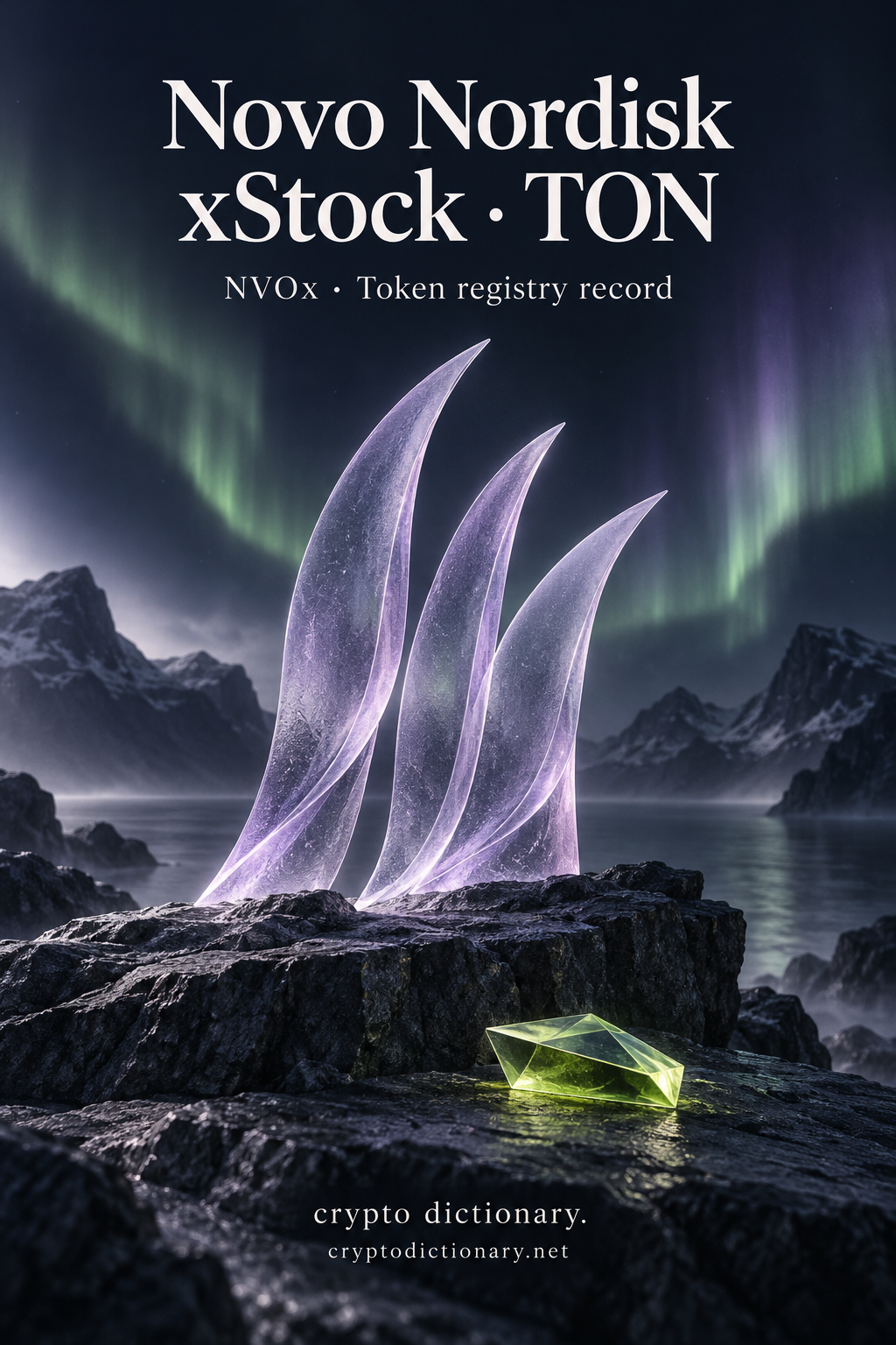 Three lilac ice-sail ribbons on rugged navy stone with lime prism, titled Novo Nordisk xStock · TON.