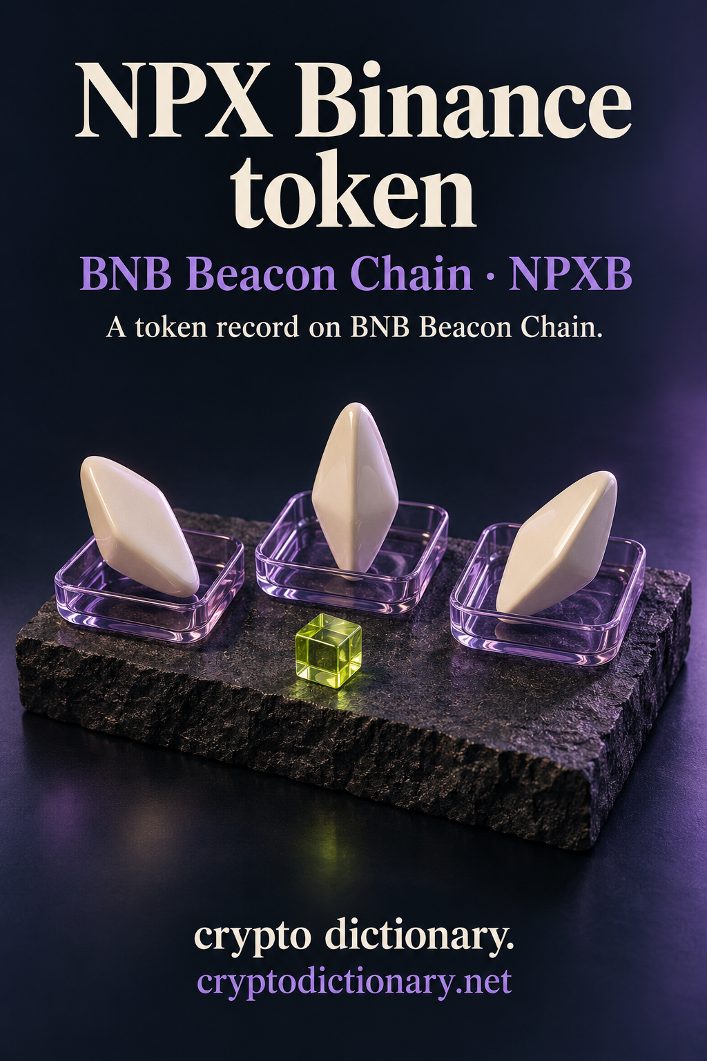NPX Binance token record on BNB Beacon Chain, illustrated by three blank ivory lozenge specimens in separate lilac glass dishes with a lime cube.