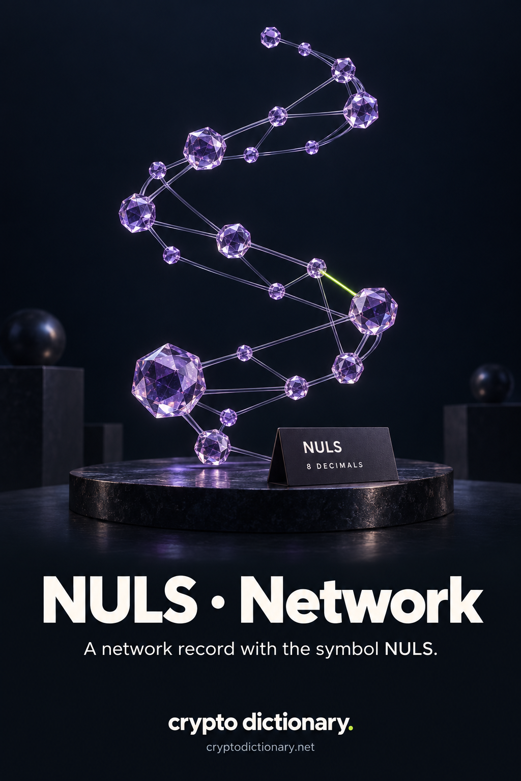 An irregular rising spiral of connected lilac glass nodes beside a NULS and 8 decimals catalogue card.