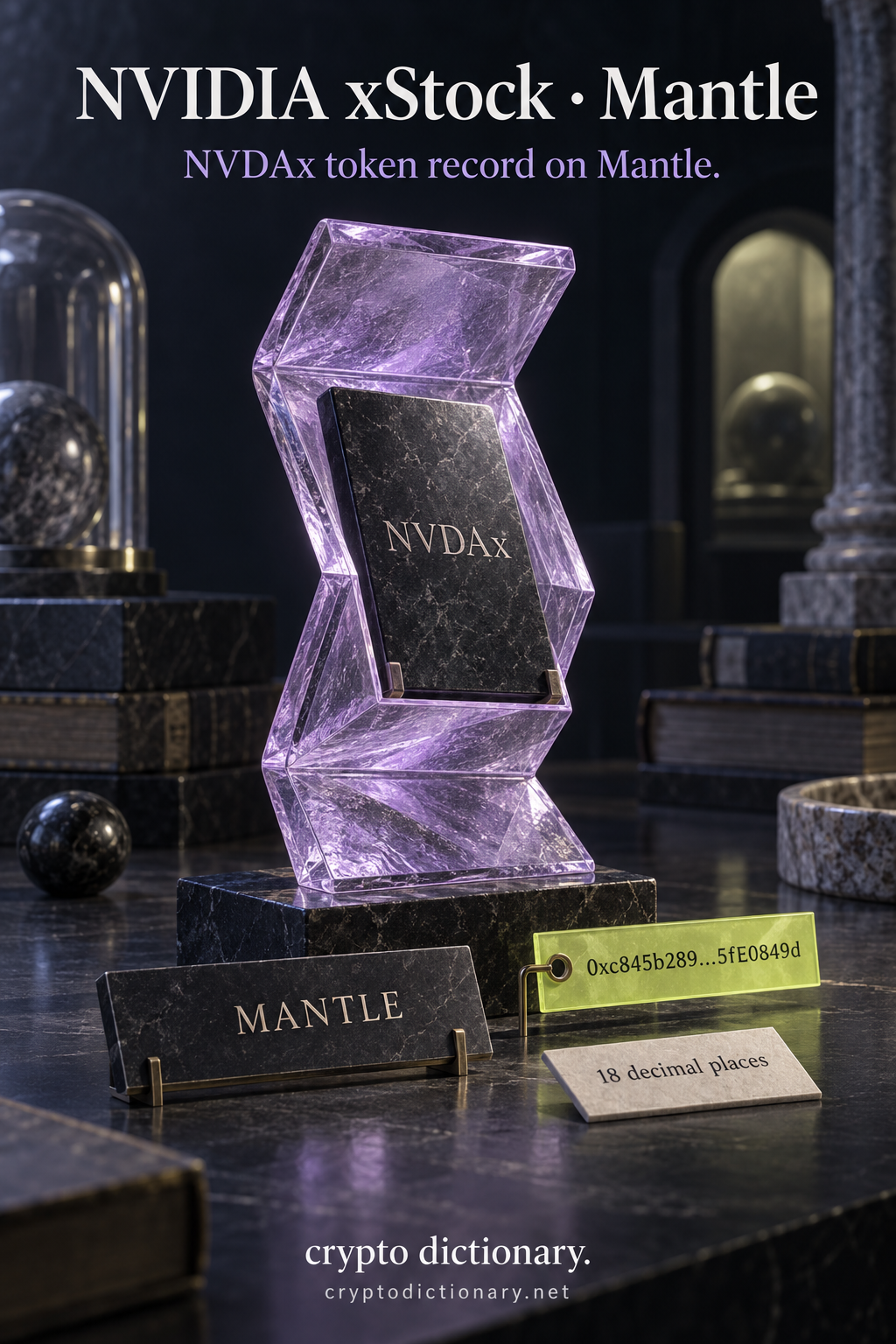 An NVDAx registry specimen sits inside folded lilac glass with Mantle, precision and abbreviated public contract labels.