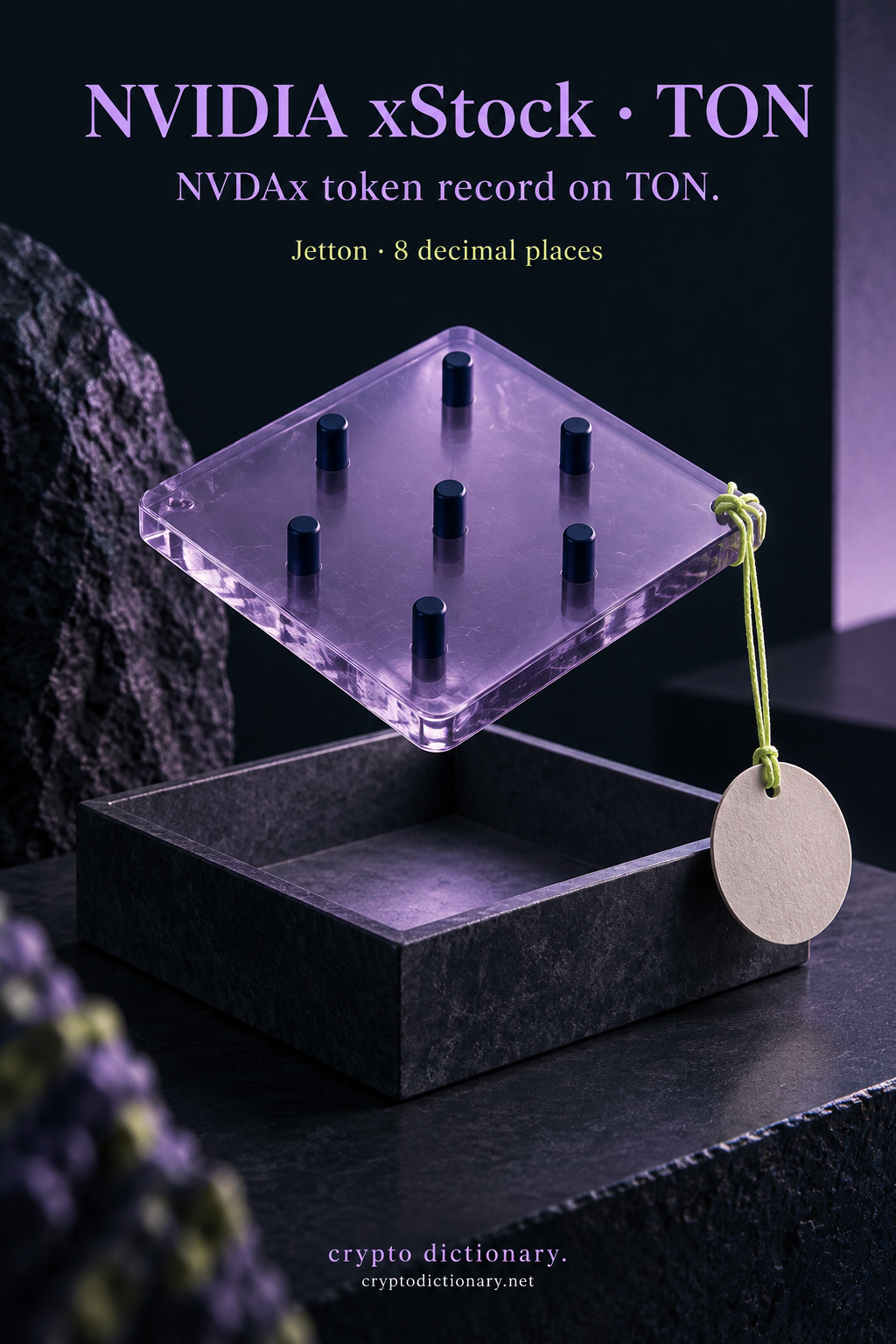 NVIDIA xStock on TON registry art with a plain lilac square tile above a navy tray.