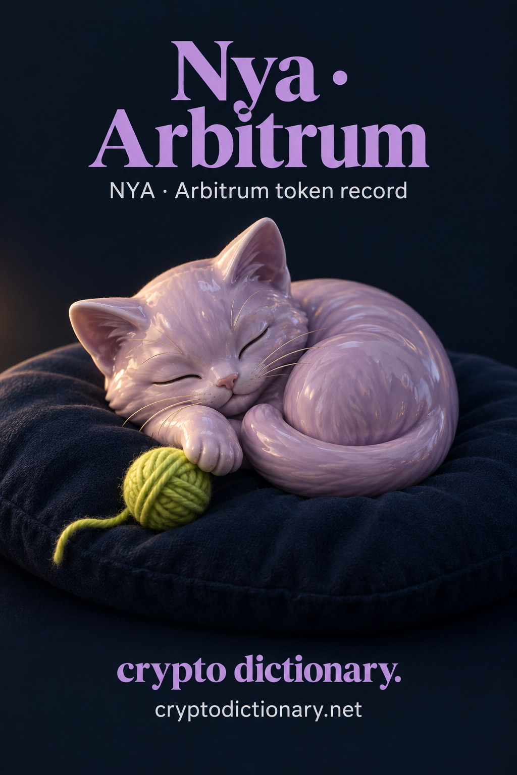 Nya · Arbitrum — original navy, lilac and lime sculptural token-registry illustration.