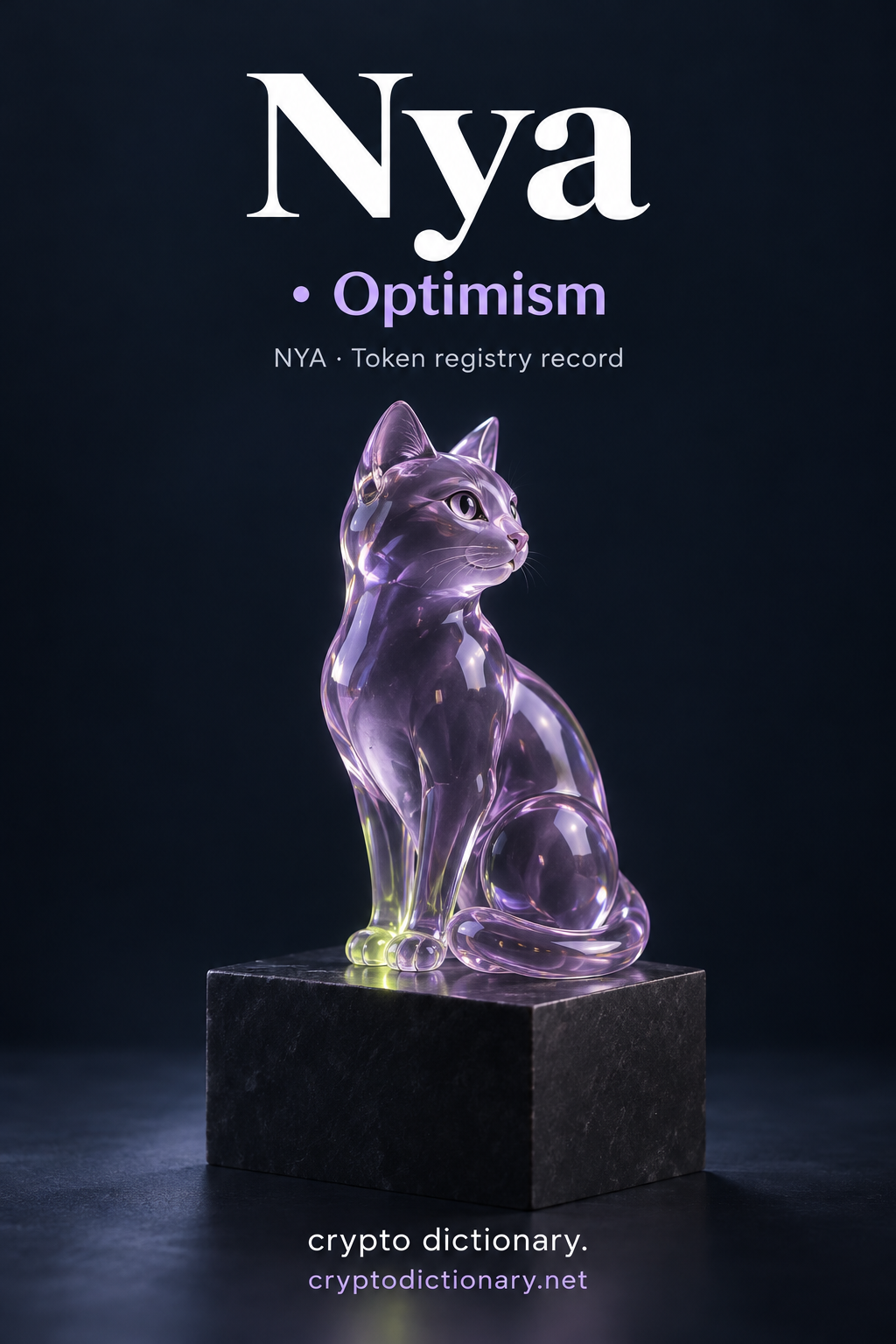 Nya · Optimism token registry artwork with an anonymous seated lilac glass cat on a dark stone cuboid, exact NYA caption and full footer.