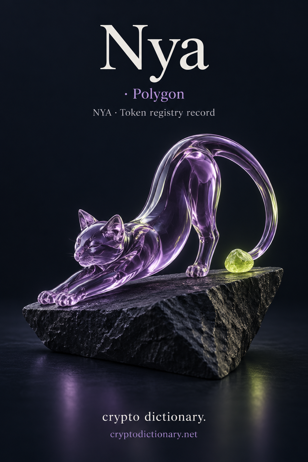 Nya · Polygon token registry artwork with a stretching lilac glass cat on a rough charcoal triangular stone and a detached lime pebble.