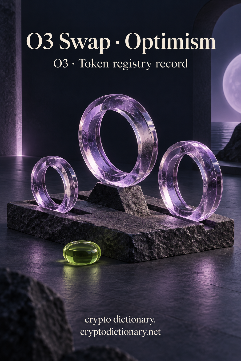O3 Swap on Optimism illustrated by an original three-ring lilac glass study in grooved dark stone, with neutral O3 registry caption.
