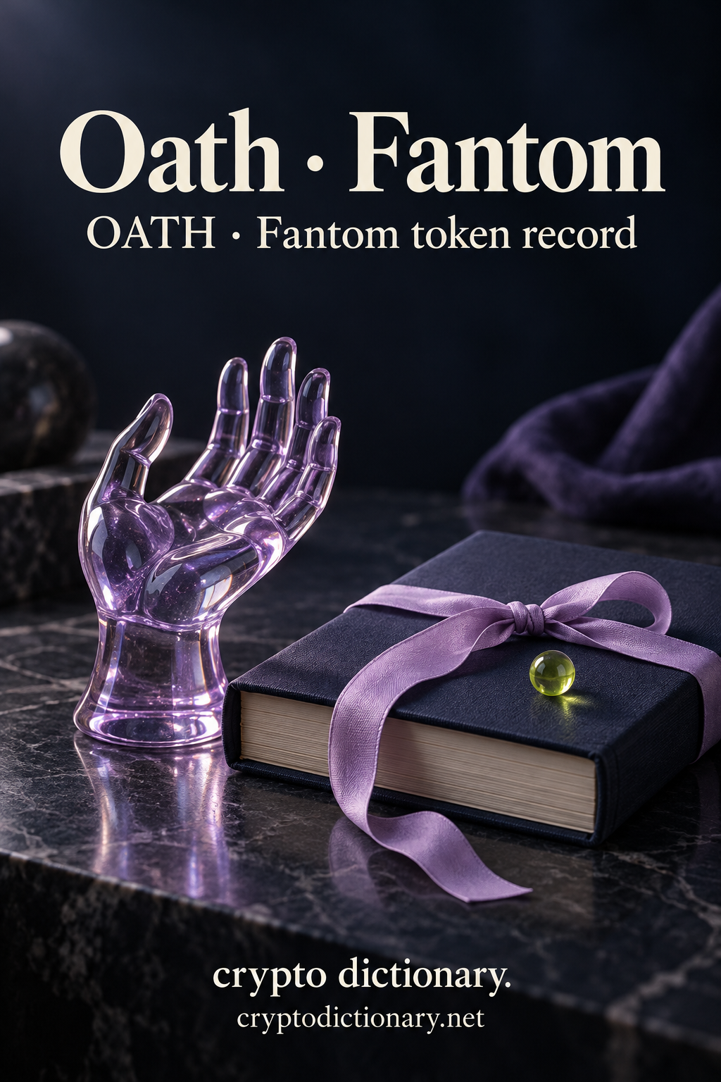 Lilac glass open-hand sculpture next to a plain closed navy book tied with lilac ribbon and lime bead.