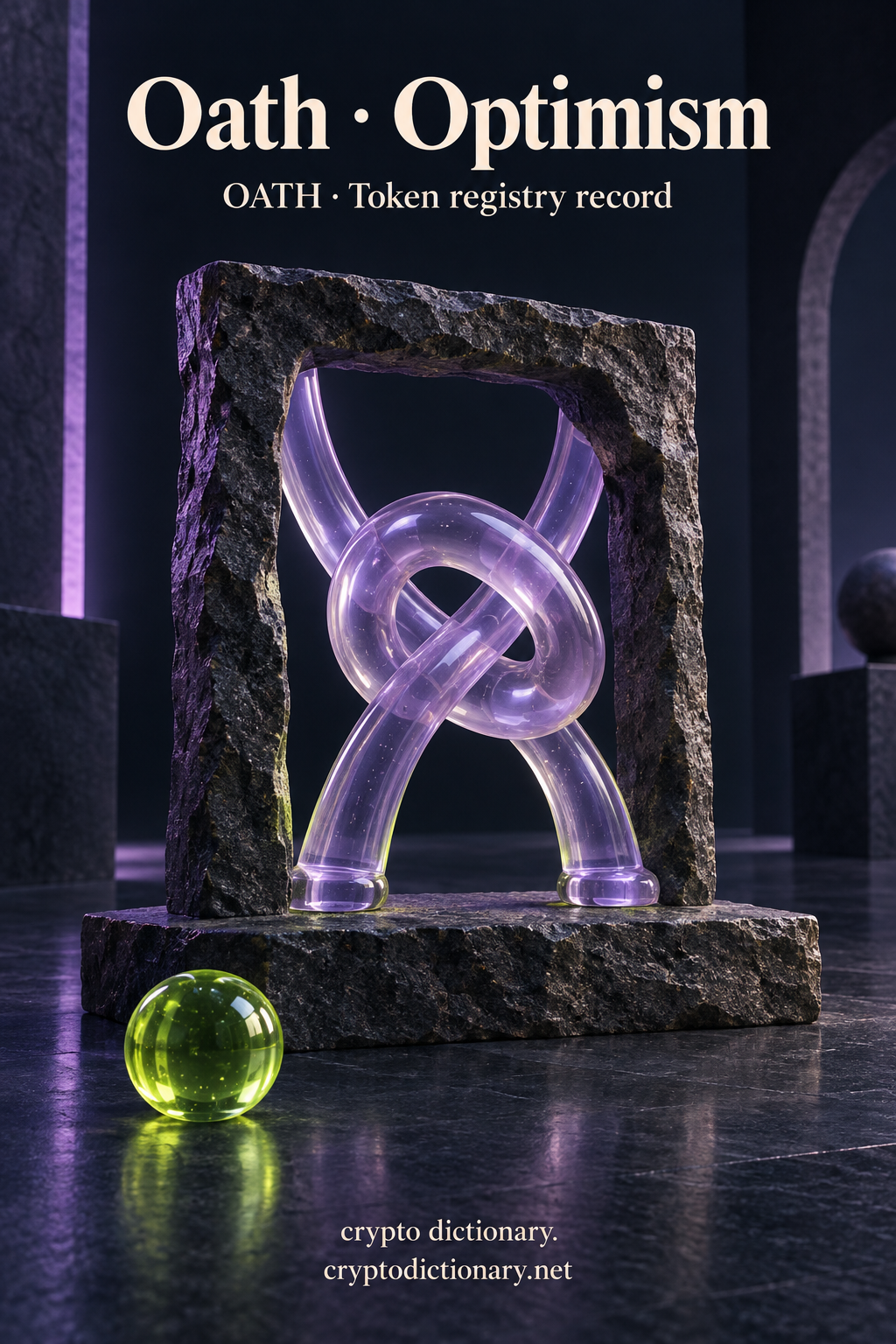 Oath on Optimism illustrated by an original loose lilac glass knot inside a rough dark stone frame, with neutral OATH registry caption.