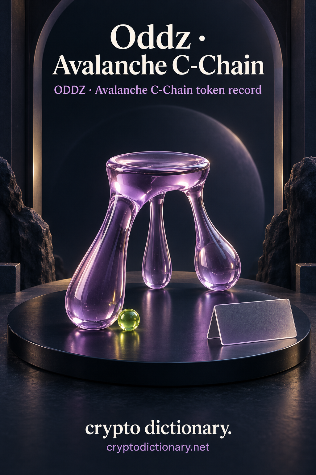 Asymmetric three-legged lilac glass sculpture beside a blank archival card beneath Oddz · Avalanche C-Chain registry typography.