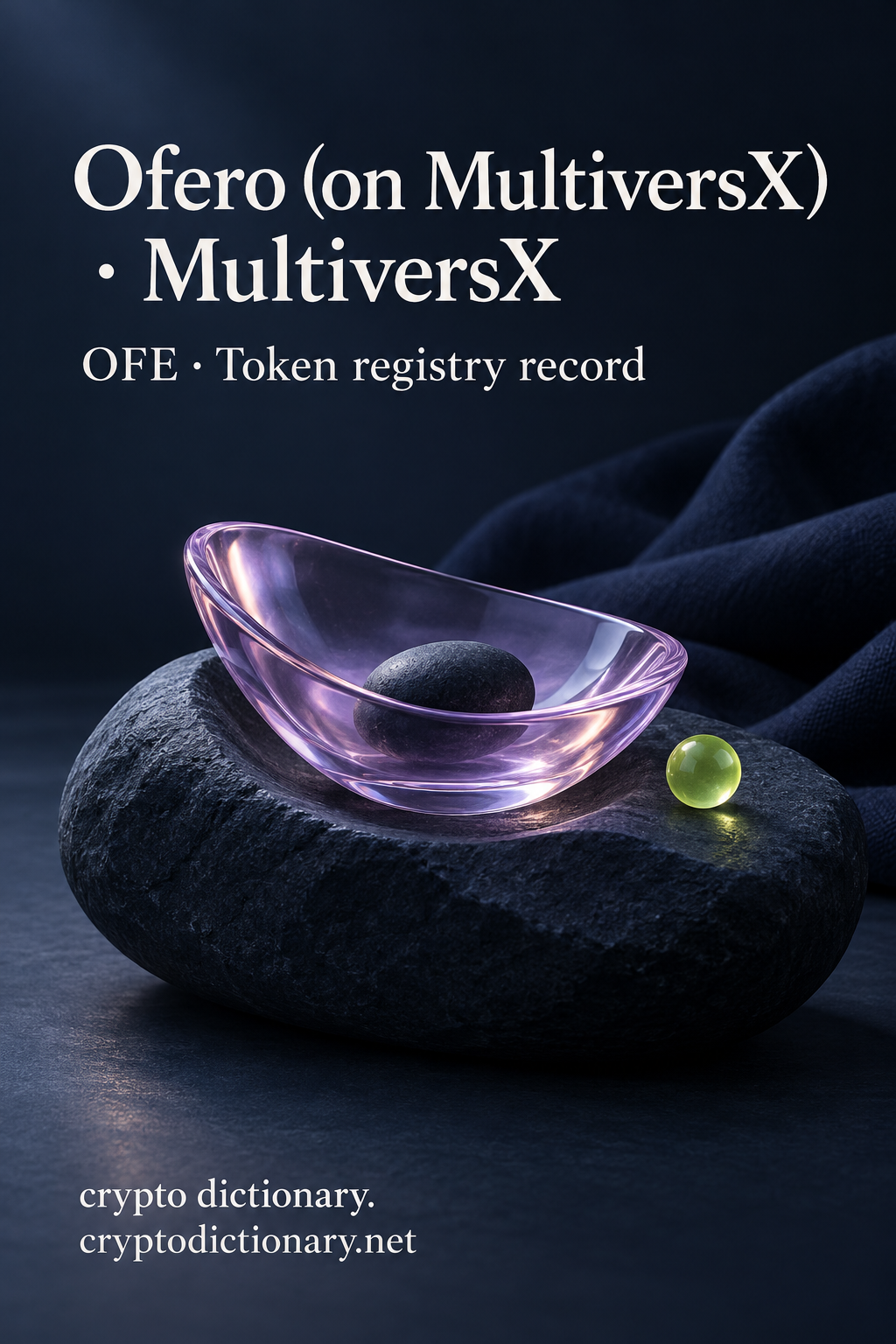 Ofero (on MultiversX) on MultiversX: a lilac glass bowl holding a dark pebble in a navy stone hollow beside a lime bead.