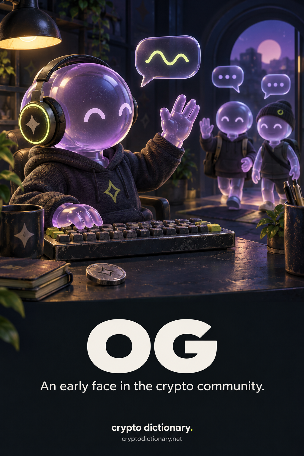 An experienced anonymous lilac-glass community member at a worn keyboard warmly welcomes newcomers; OG title and CryptoDictionary footer.