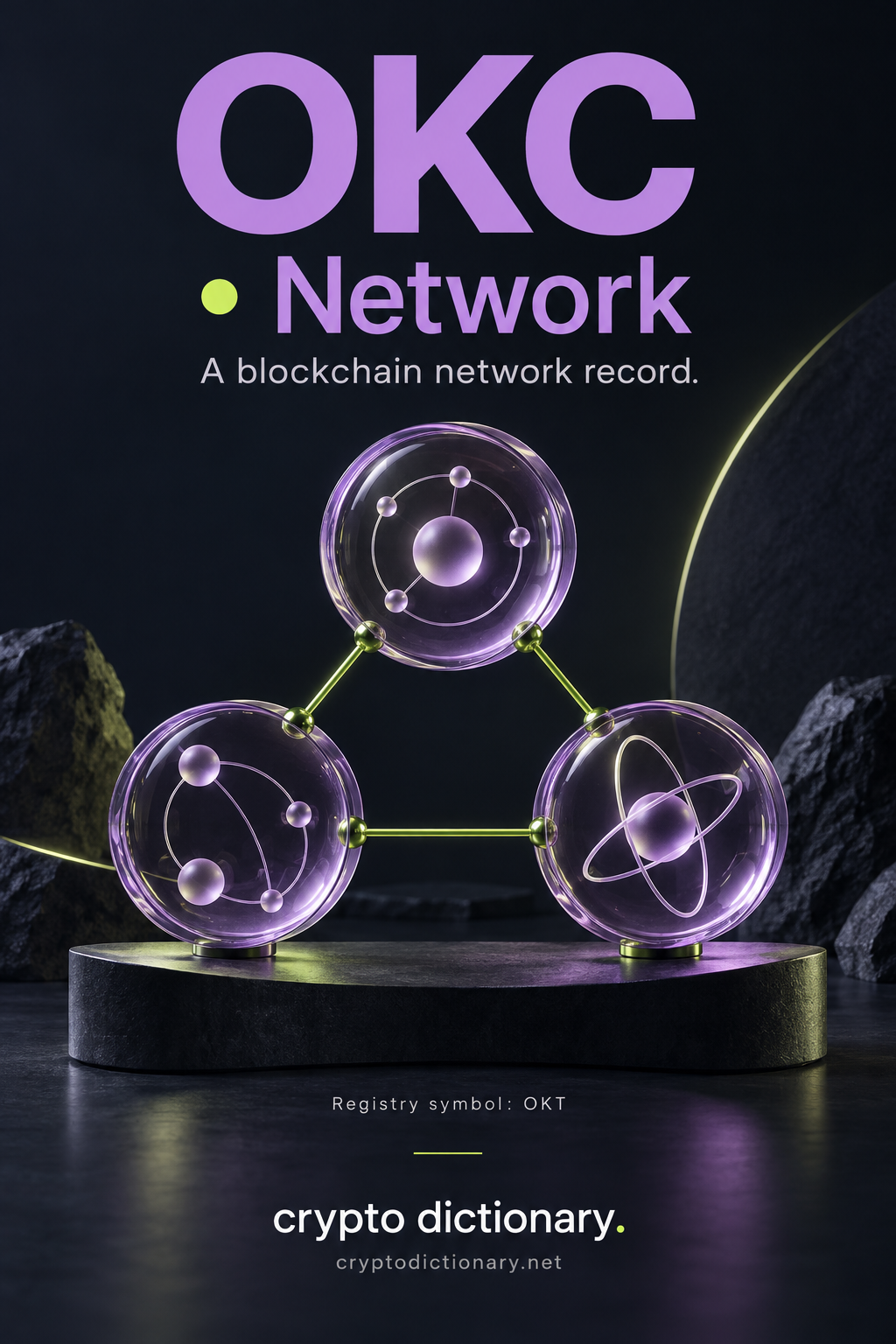 Three connected lilac circular catalogue sculptures, illustrating the OKC network with registry symbol OKT.