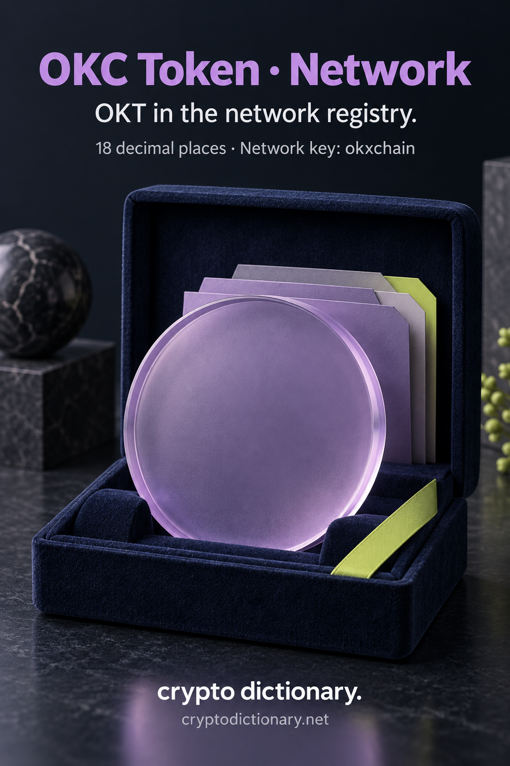 A blank lilac archival specimen disc identifies the OKT network registry record named OKC Token, key okxchain.