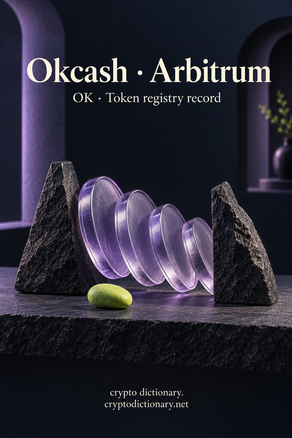 Okcash on Arbitrum illustrated by an original fan of blank lilac glass discs between dark stone wedges, with neutral OK registry caption.