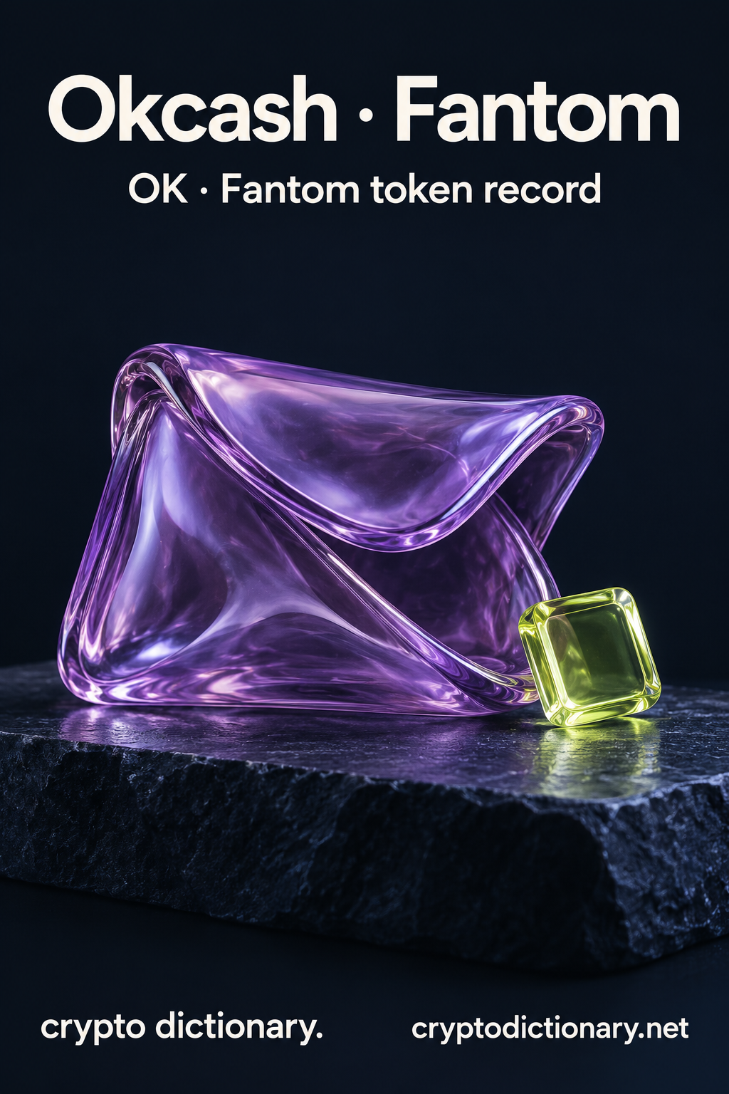Okcash · Fantom — original lilac glass name-inspired sculpture with accurate OK token record caption.
