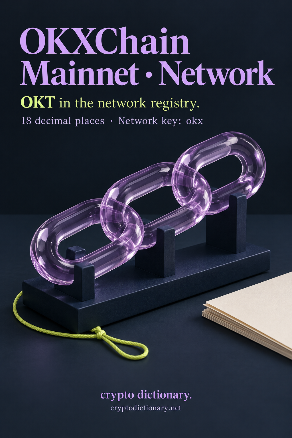 Three lilac glass links on a specimen rack illustrate the OKT network registry entry for OKXChain Mainnet, key okx.