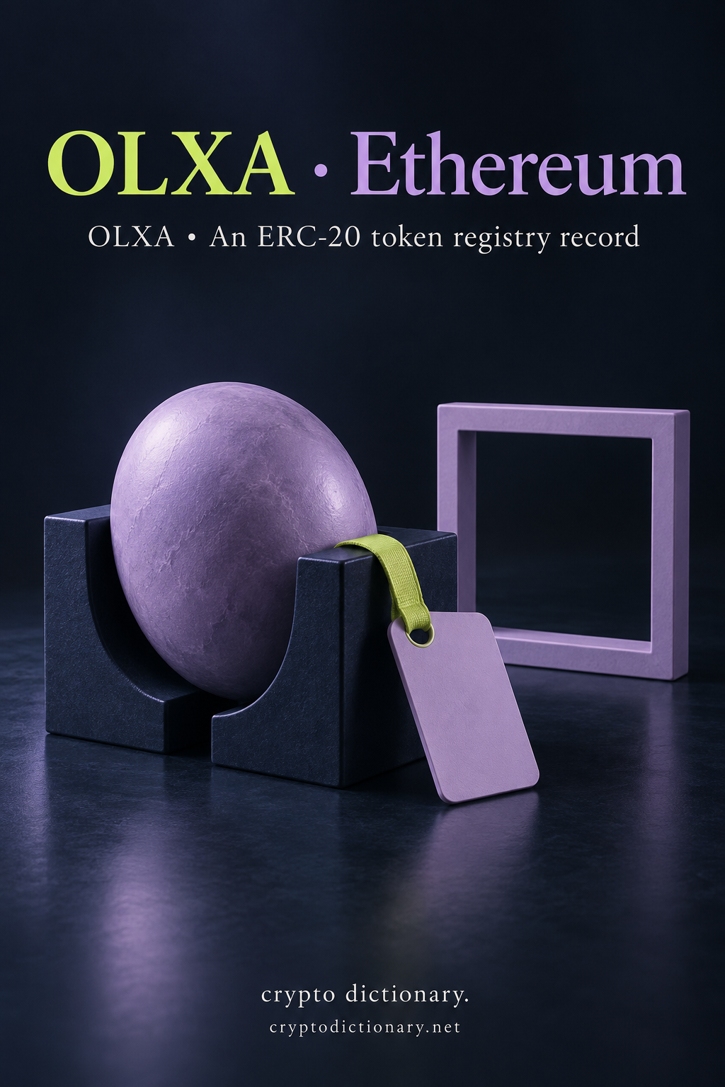 A lilac ovoid rests in a navy specimen cradle beside a blank tag and empty square frame.