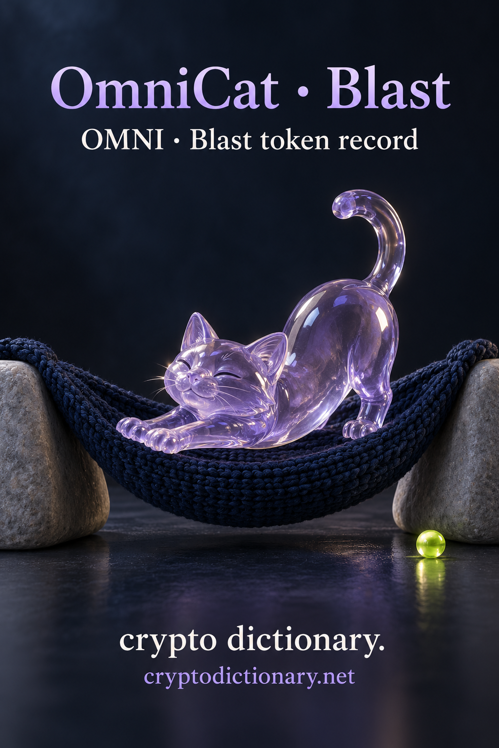 Lilac glass cat stretching in a navy knitted hammock between plain stone supports with a lime bead.