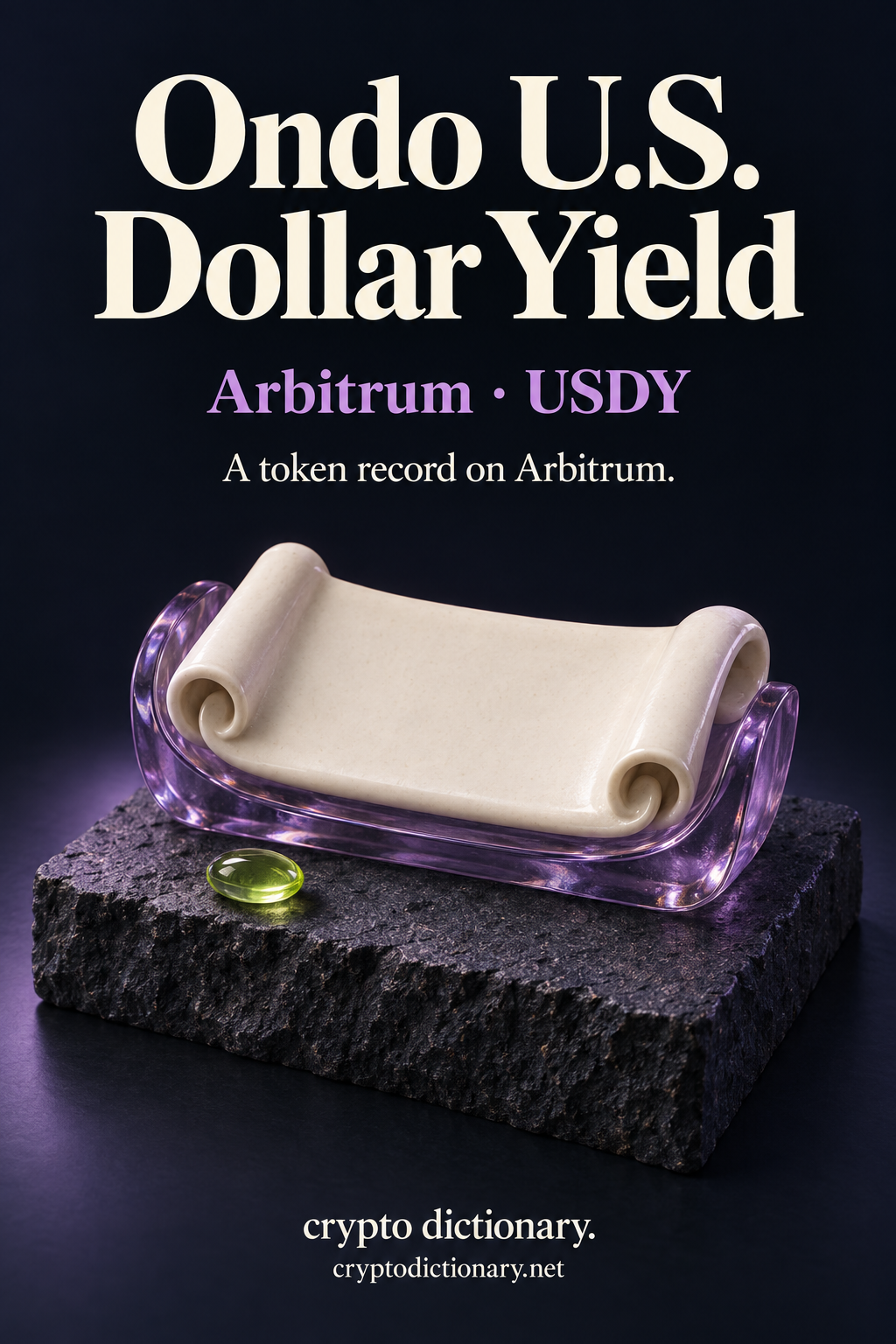 Ondo U.S. Dollar Yield token record on Arbitrum, illustrated by a blank ivory ceramic scroll in a lilac glass cradle with a lime oval.