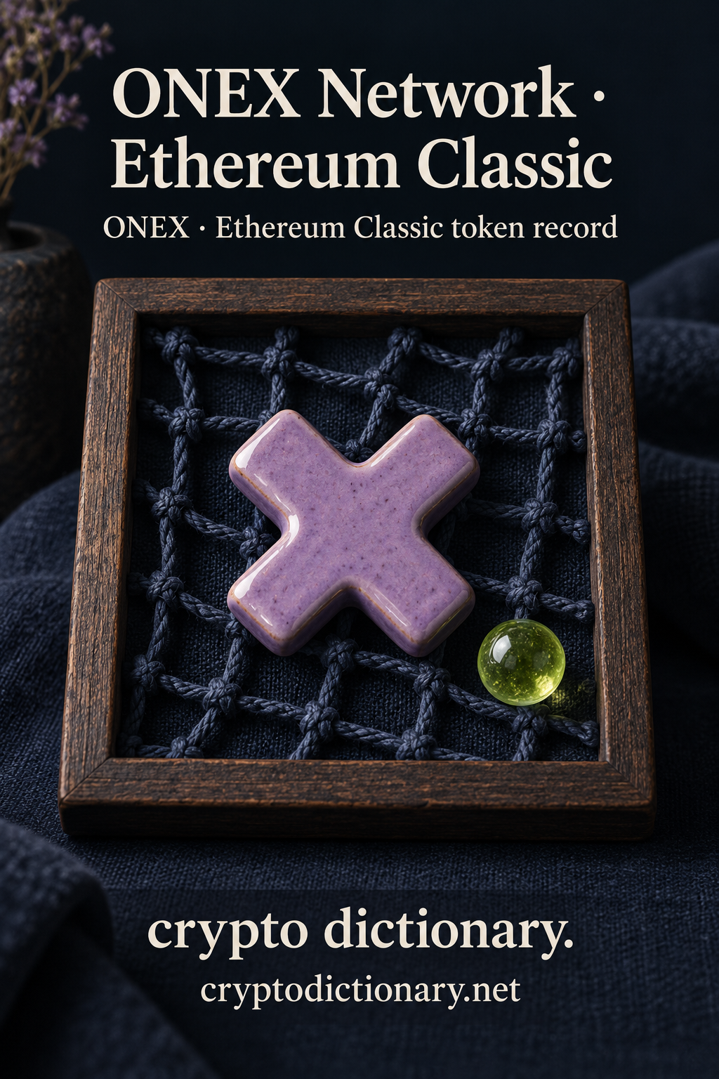 Lilac ceramic X on navy knotted mesh in wooden frame for ONEX Network on Ethereum Classic with ONEX registry caption.