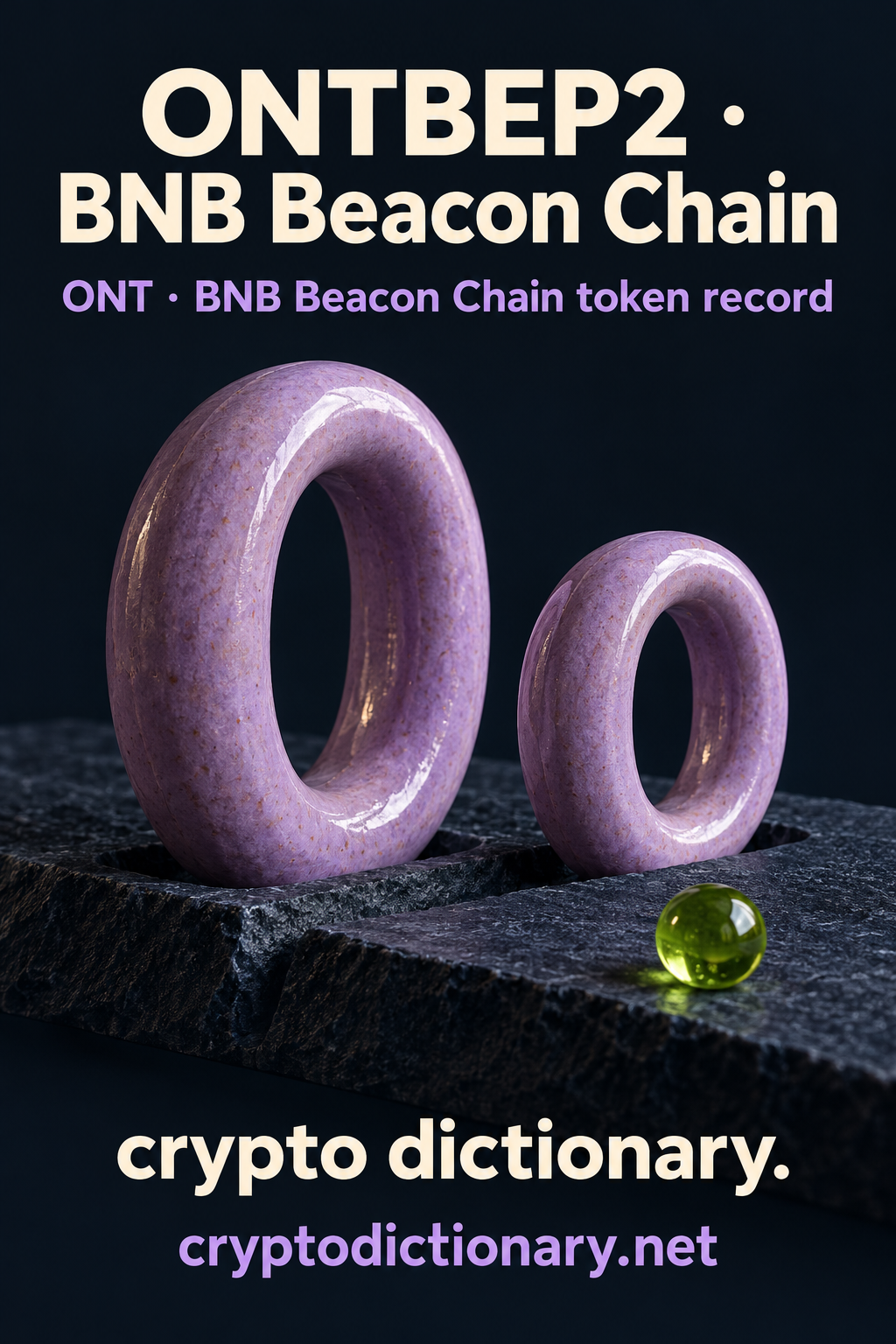 Two separate lilac ceramic O-shaped rings in navy stone grooves beside a lime bead, beneath ONTBEP2 · BNB Beacon Chain.