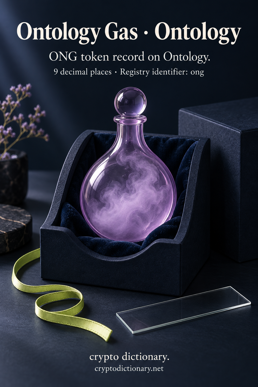 A sealed lilac mist bulb in an archival cradle illustrates the ONG token record on Ontology, identifier ong.